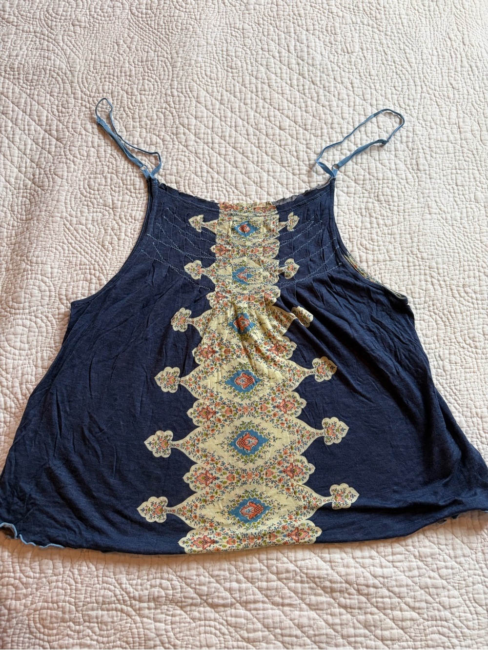 Free People Navy Blue Cami with Cream Floral Center Panel